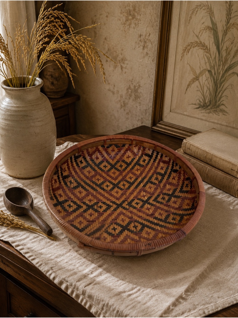 Vintage Handwoven Winnowing Basket Rice Grain Folk Art Boho Wall Decor 12in Boho